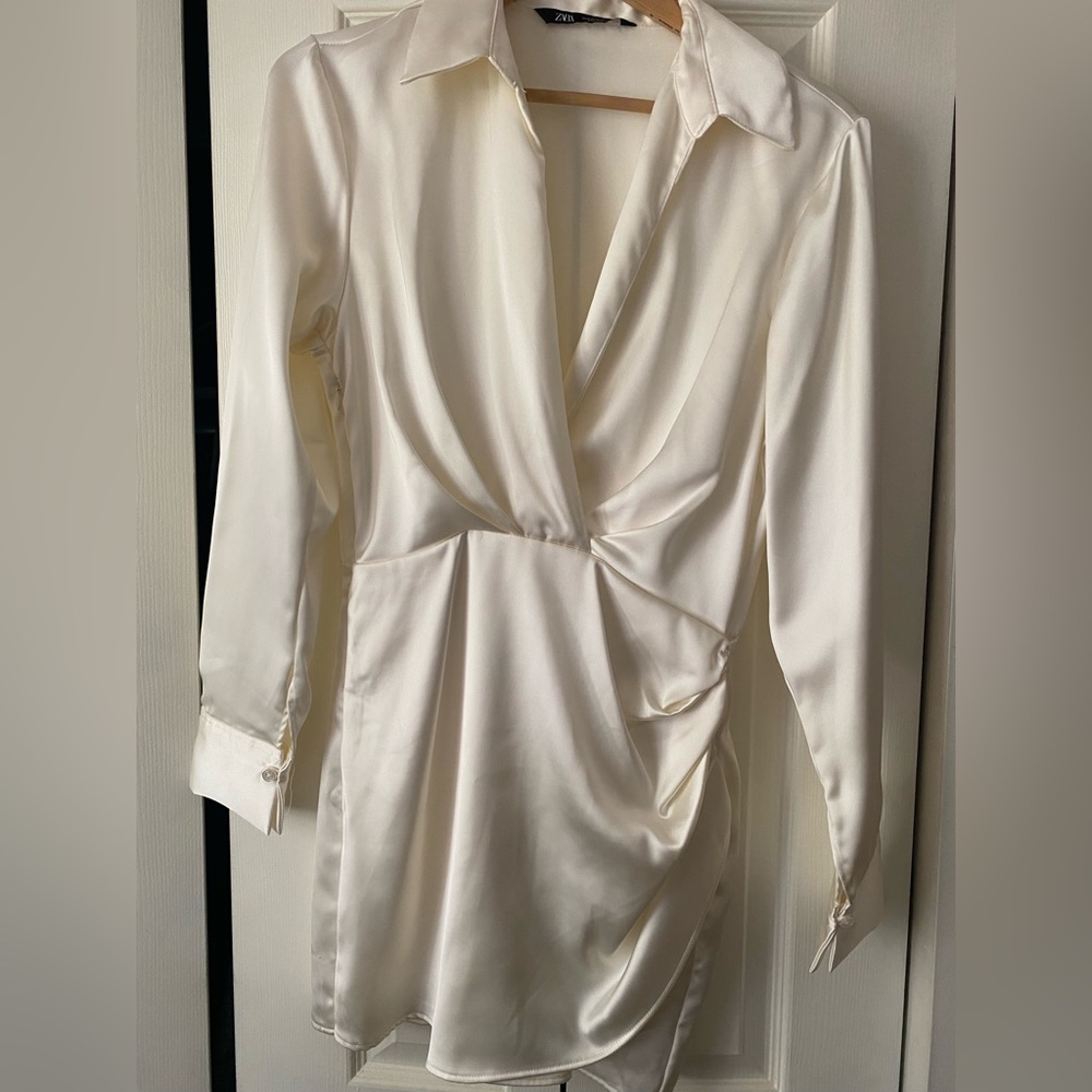 Zara Short Satin Effect Dress- Oyster White